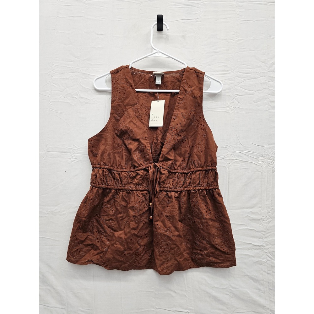 A New Day Womens Eyelet Sleeveless Peplum Top Brown Cotton Casual Size Medium